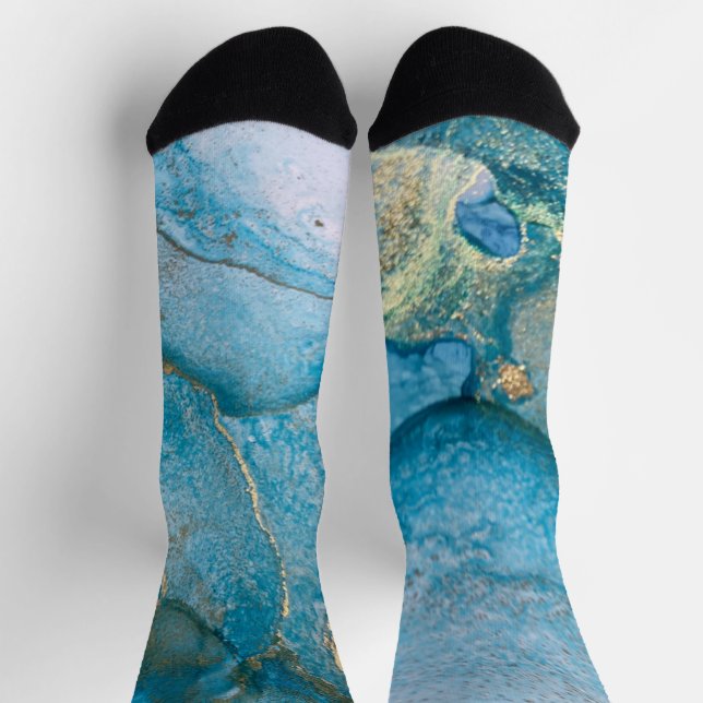 Teal and Gold Alcohol Ink Abstract Liquid Art Socks (Top)