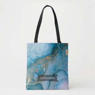 Teal and Gold Alcohol Ink Abstract Liquid Art Tote Bag