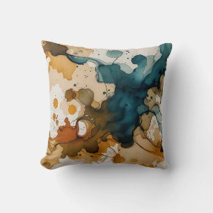 Teal and Gold Alcohol Ink Abstract Throw Pillow