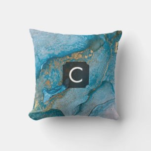 Teal and Gold Alcohol Ink Liquid Art Monogrammed Throw Pillow
