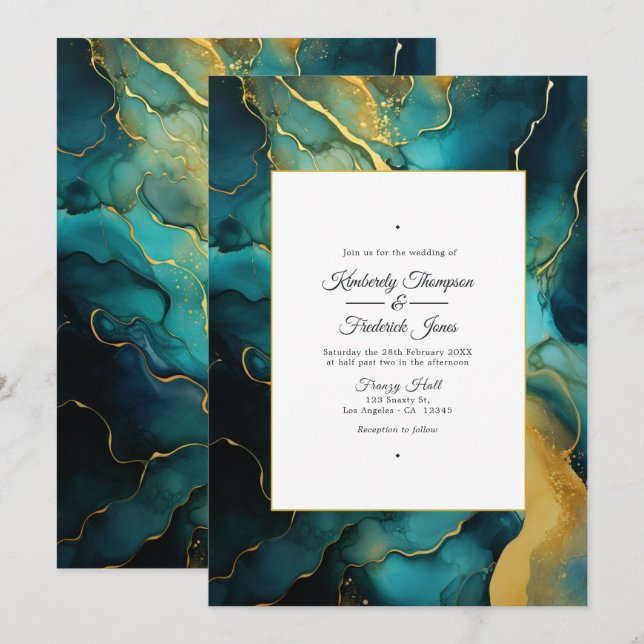 Teal and Gold Alcohol Ink Wedding Invitation (Front/Back)