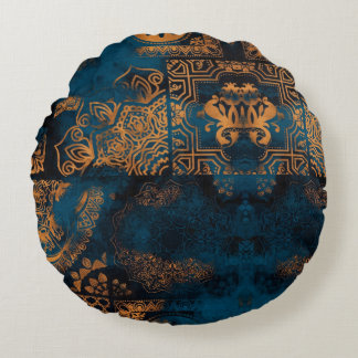 Teal and Gold Antique Boho Geometric Tile Round Pillow