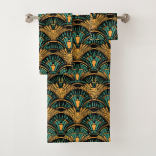 Teal and Gold Art Deco Bath Towel Set