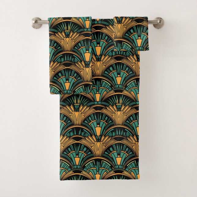 Teal and Gold Art Deco Bath Towel Set (Insitu)