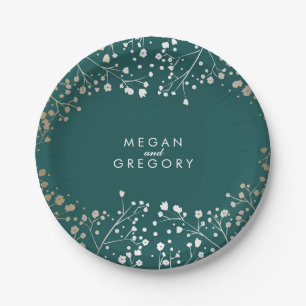 Teal and Gold Baby's Breath Wedding Paper Plate