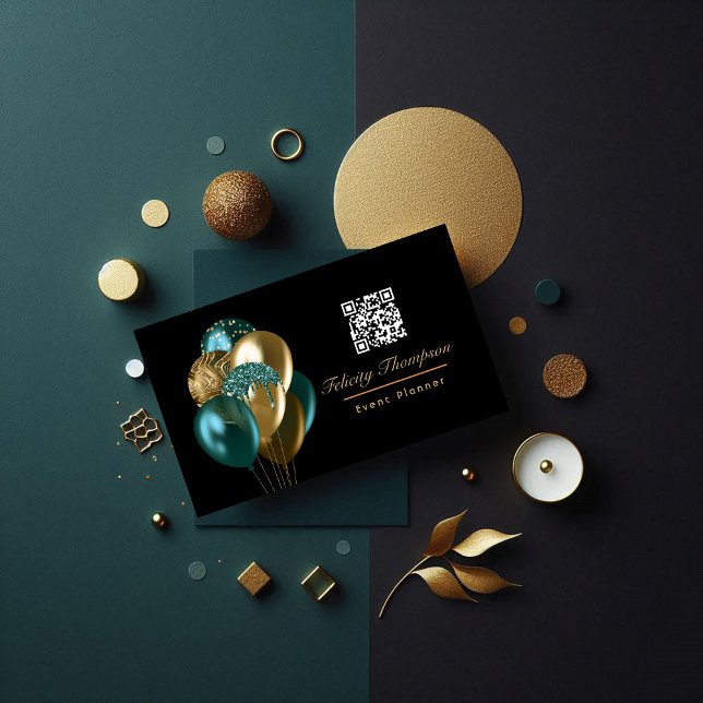 Teal and Gold Balloons Event Planner QR Code Business Card (Teal and Gold Balloons Event Planner QR Code Business Card)