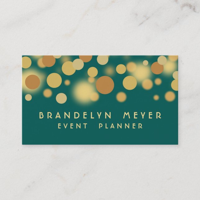 Teal and Gold Bokeh Dots Business Card (Front)