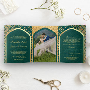 Teal and Gold Bollywood Style Indian Wedding Tri-Fold Invitation