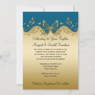 Teal and Gold Butterflies 50th Anniversary Party Invitation