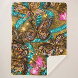 Teal and Gold Butterflies Personalized Name Sherpa Blanket