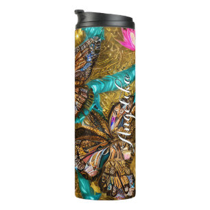 Teal and Gold Butterflies Personalized Name Thermal Tumbler