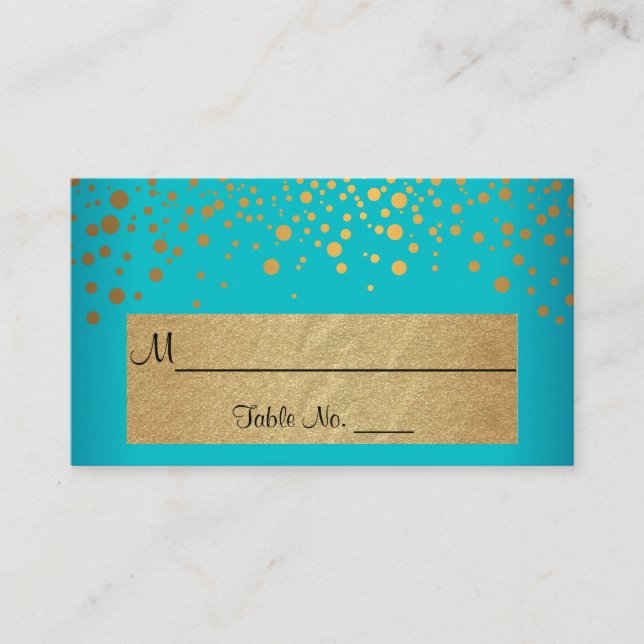 Teal and Gold Chevron and Confetti Dots Place Card (Front)