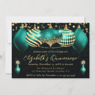 Teal and Gold Christmas Baubles Quinceanera Invitation