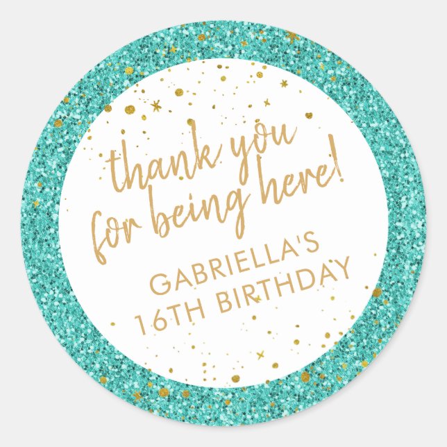 Teal and Gold Confetti Glitter Thank You Favour Classic Round Sticker (Front)