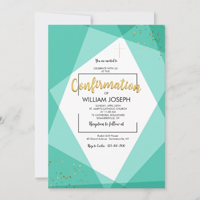 Teal and Gold Confirmation Invitation (Front)