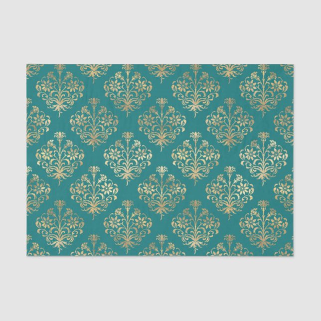 Teal and Gold Damask Tissue Paper (Front)