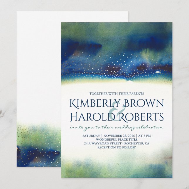 Teal and Gold Dots Modern Watercolor Wedding Invitation (Front/Back)