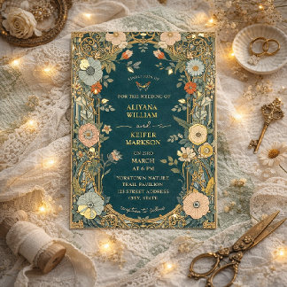 Teal and Gold Elegant Art Nouveau Floral Wedding