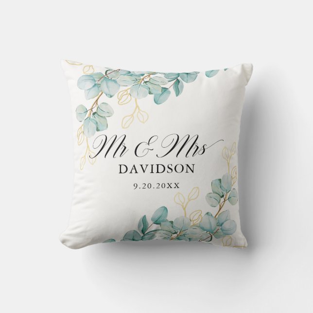 Teal and Gold Eucalyptus Newlyweds Elegant Script Throw Pillow (Front)