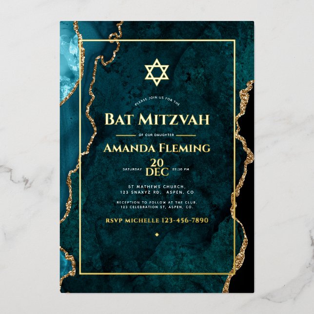 Teal and Gold Faux Agate Bat Mitzvah (Front)