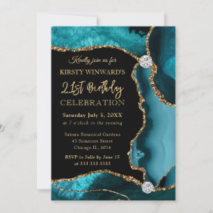 Teal and Gold Faux Glitter Agate Birthday Invitation