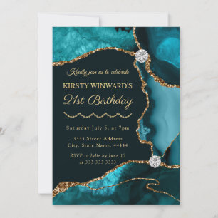 Teal and Gold Faux Glitter Agate Birthday Party Invitation