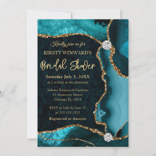 Teal and Gold Faux Glitter Agate Bridal Shower Invitation