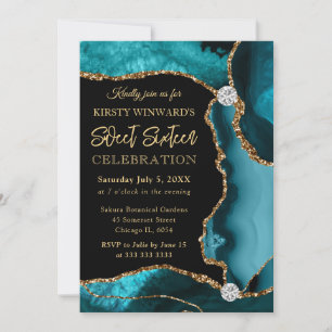 Teal and Gold Faux Glitter Agate Sweet 16 Invitation