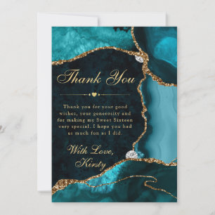 Teal and Gold Faux Glitter Agate Sweet 16 Thank You Card