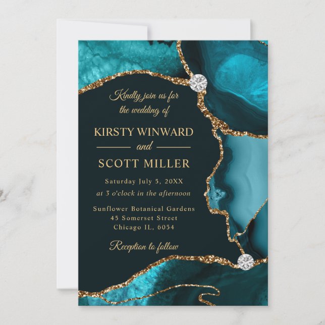 Teal and Gold Faux Glitter Agate Wedding Invitation (Front)