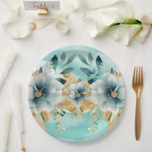 Teal and Gold Floral Elegant Paper Plate