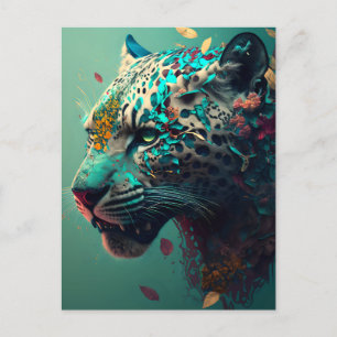 Teal and gold floral jaguar postcard