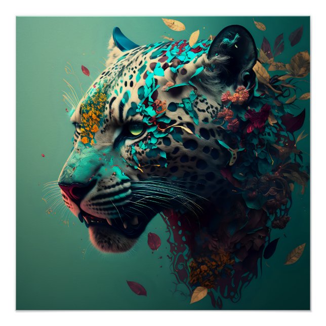 Teal and gold floral jaguar poster (Front)