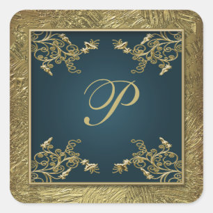 Teal and Gold Floral Monogram Wedding Sticker 2