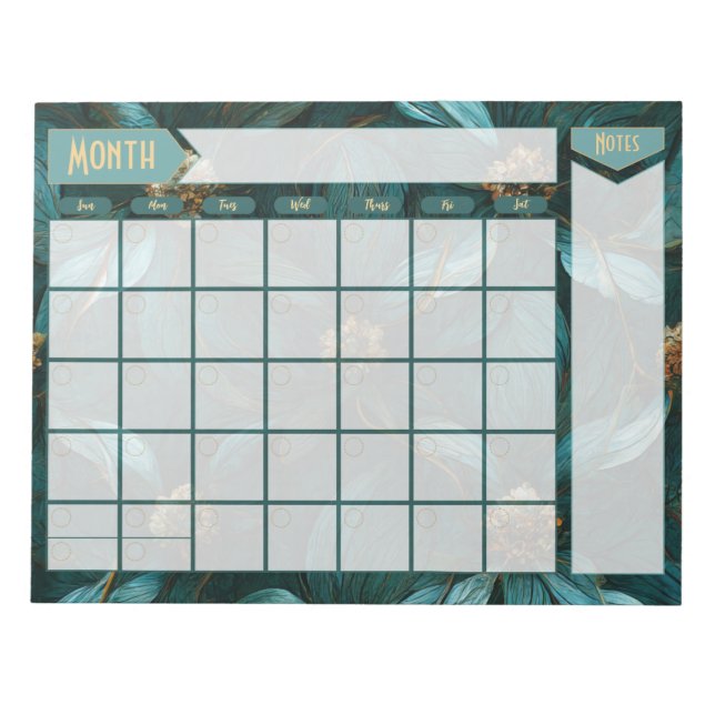 Teal and Gold Floral Perpetual Calendar Notepad (Front)