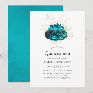 Teal and Gold Floral Quinceañera Invitation