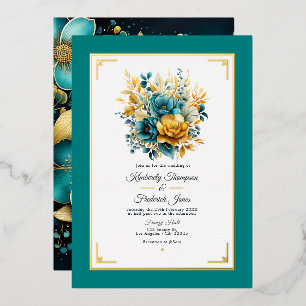 Teal and Gold Floral Wedding Foil Invitation