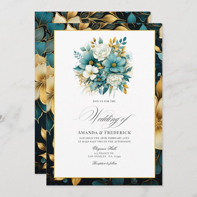 Teal and Gold Floral Wedding Invitation (Front/Back)