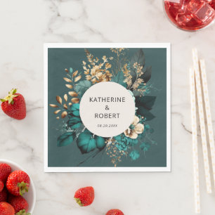 Teal and Gold Floral Wedding Paper Napkin
