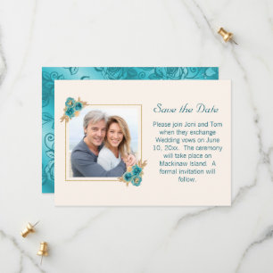 Teal and Gold Floral Wedding RSVP Save The Date