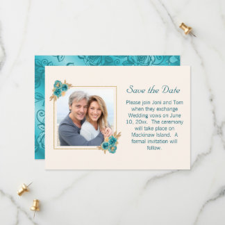 Teal and Gold Floral Wedding RSVP Save The Date