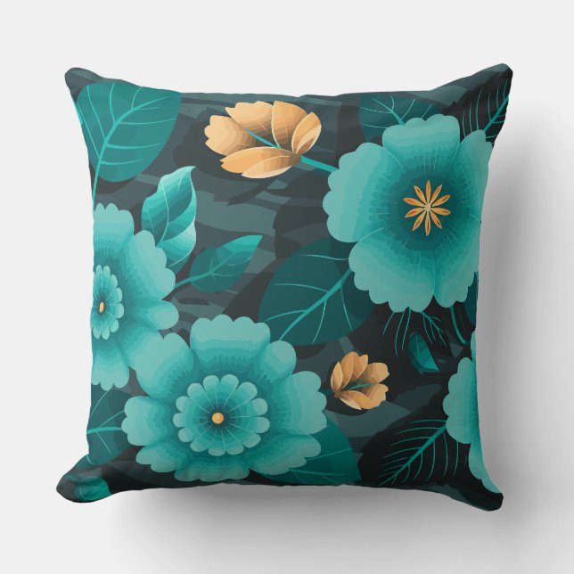 Teal and Gold Floral with Dark green Leaves Throw Pillow (Front)