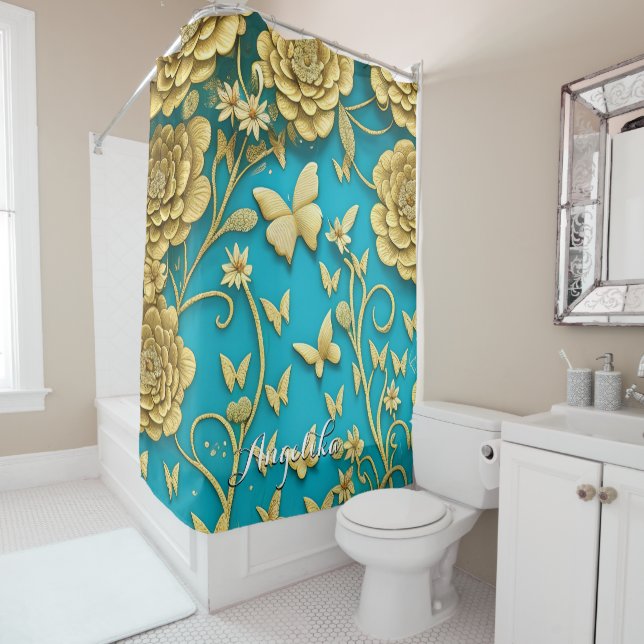 Teal and Gold Flowers Personalized Name (In Situ)