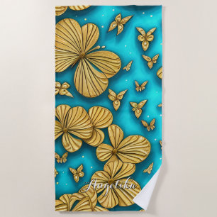 Teal and Gold Flowers Personalized Name Beach Towel