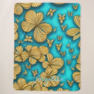Teal and Gold Flowers Personalized Name Sherpa Blanket