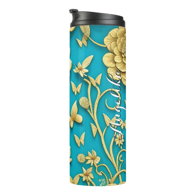 Teal and Gold Flowers Personalized Name Thermal Tumbler (Rotated Right)