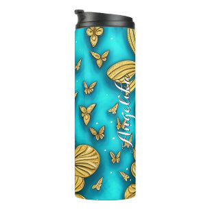 Teal and Gold Flowers Personalized Name Thermal Tumbler