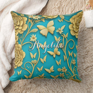Teal and Gold Flowers Personalized Name Throw Pillow