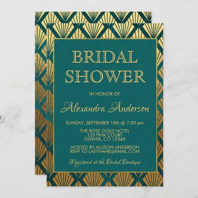 Teal and Gold Foil Elegant Art Deco Bridal Shower Invitation (Front/Back)