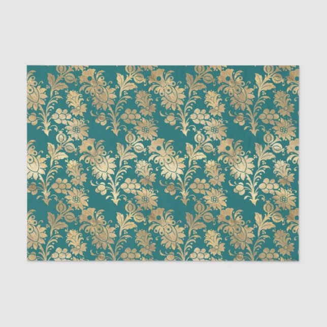 Teal and Gold Foil Floral Damask Tissue Paper (Front)